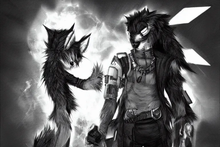 Image similar to a cyberpunk anthropomorphic wolf with a fluffy tail, comic art, trending on furaffinity, cartoon, kawaii, backlighting, furry art!!!, black and white, concept art