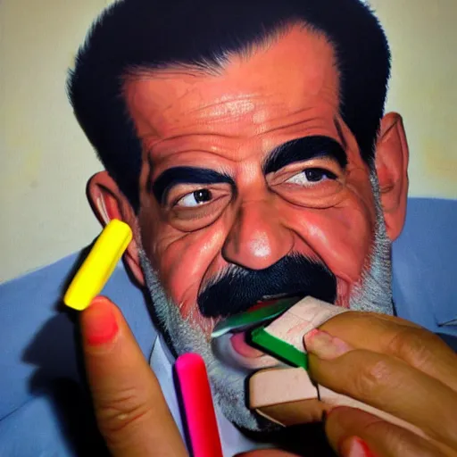 Image similar to saddam hussain eating crayons, realistic, award winning, photography,