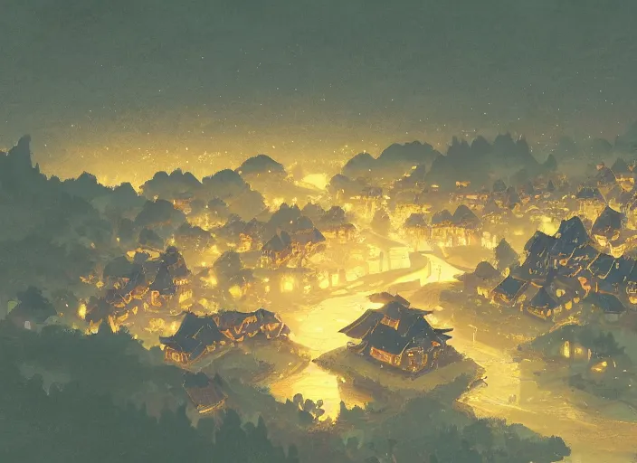 Image similar to concept art painting of a distant small woodland village at midnight, by a river in a mountain valley seen from above, night time, european japanese buildings, cel shaded, realistic, by makoto shinkai and moebius and anton fadeev and greg rutkowski and james gurney