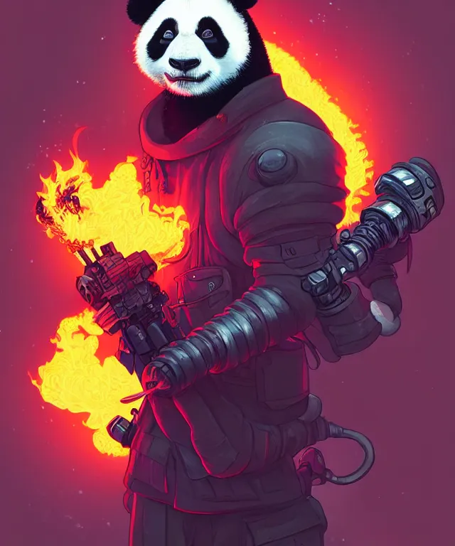 Image similar to a portrait of a cyberpunk panda holding a flamethrower, fantasy, elegant, digital painting, artstation, concept art, matte, sharp focus, illustration, art by josan gonzalez
