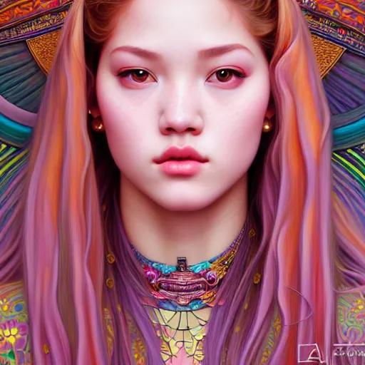 Image similar to portrait of jossi of blackpink, fractal goddess, highly detailed, digital painting, smooth, sharp focus, illustration, ultra realistic, 8 k, art by artgerm and alphonse mucha