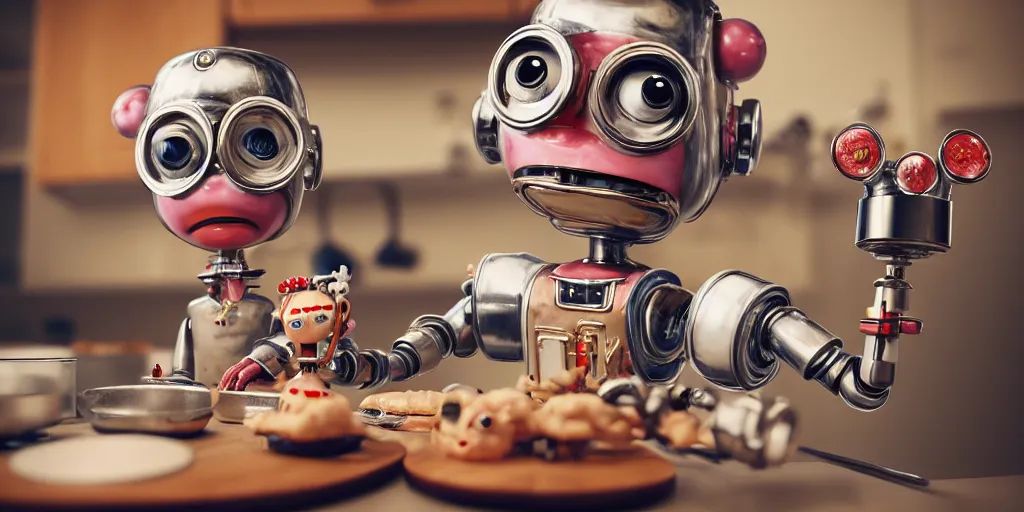 Prompt: closeup portrait of tin toy retro robot mad scientists cooking pastry in a kitchen, depth of field, zeiss lens, detailed, centered, fashion photoshoot, by nicoletta ceccoli, mark ryden, lostfish, breathtaking, 8 k resolution, extremely detailed, beautiful, establishing shot, artistic, hyperrealistic, octane render