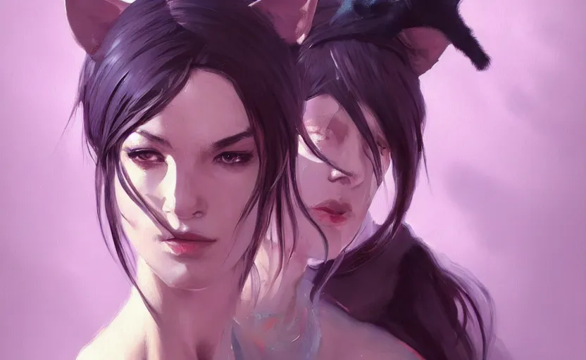 Prompt: a painting of swervy trending on artstation in the style of greg rutkowski, beautiful, sensual, natural skin, woman with cat ears, purple - eyes