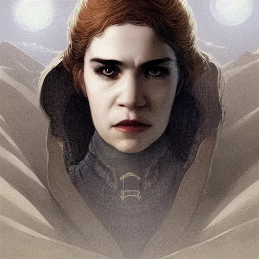 Prompt: Portrait of Grimes (Claire Boucher) in Dune 1984, illustrated by Greg Rutkowski, trending on artstation, artstationHQ, artstationHD, 4k, 8k