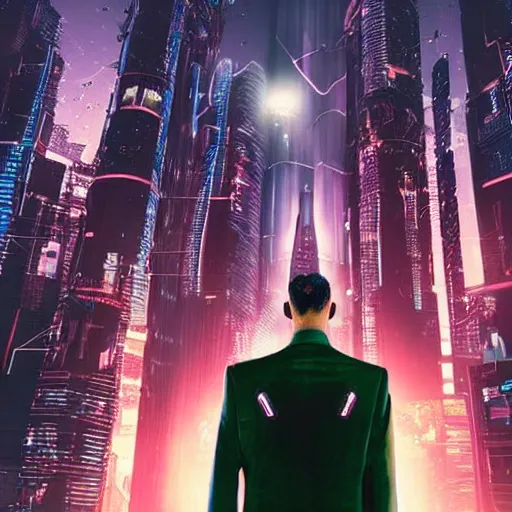 Prompt: a cyberpunk man in a velvet suit in standing in a futuristic city the year is 2052