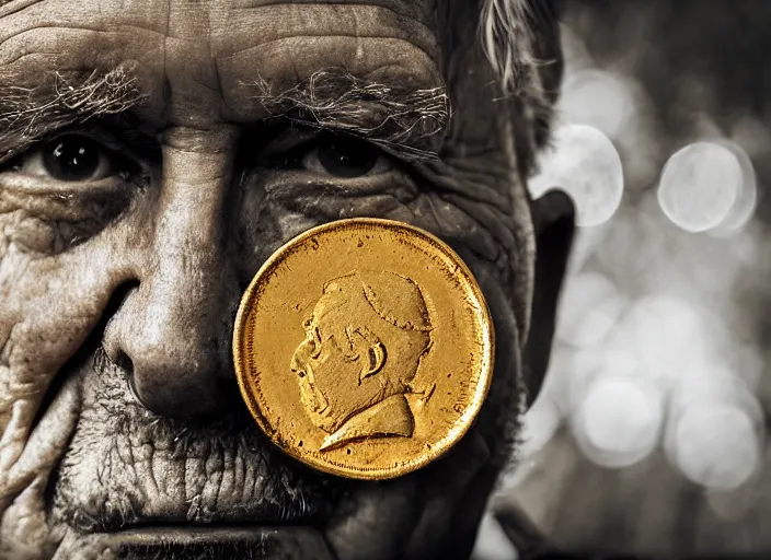 Image similar to old retro burnt out sepia photograph with scratches of an old and wrinkled man biting into a golden coin with his teeth. magical forest in the background with bokeh. Antique. High quality 8k. Intricate. Sony a7r iv 35mm. Award winning.