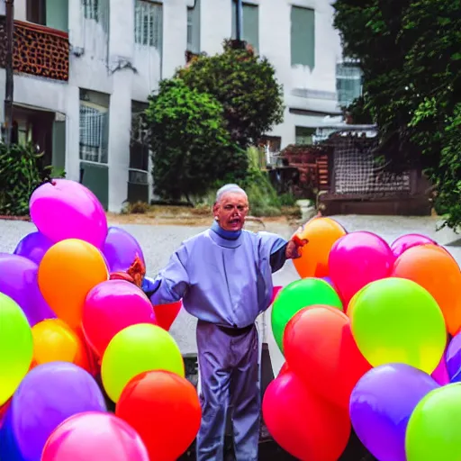 Image similar to a priest holding dozens of colorful balloons