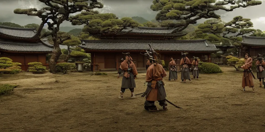 Image similar to a film still of a japanese samurai village in a japanese blockbuster film, landscape, shallow depth of field, cinematic, award winning cgi, vfx, film still