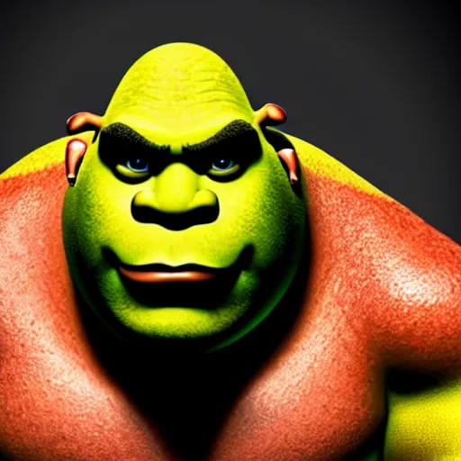 Image similar to muscular shrek with red glowing eyes, highly detailed, high quality, hd, 4 k, 8 k, canon 3 0 0 mm, professional photographer, 4 0 mp, lifelike, top - rated, award winning, realistic, sharp, no blur, edited, corrected, trending