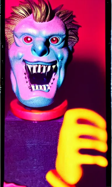 Image similar to colorful crystal gary busey creature, 9 0 s toy commercial, photo from the 7 0 s, horror lighting, neon lighting, polaroid photo,