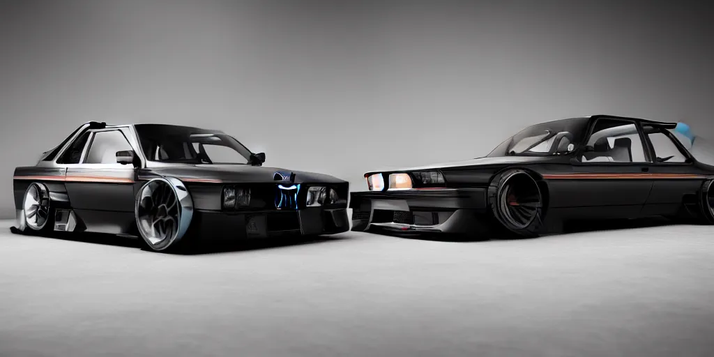 Image similar to a design of a futuristic bmw e30, designed by Polestar, blade runner background, stained antique copper car paint, black windows, sport car, dark show room, dramatic lighting, hyper realistic render, depth of field