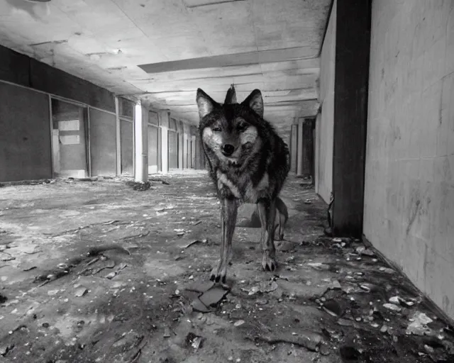 Prompt: Close up camera footage of a extremely aggressive Feral Mutated Wolf with severe late stage rabies in an abandoned shopping mall, Wolf Snarling Directly toward camera, Terrifying :7 , high exposure, dark, monochrome, camera, grainy, CCTV, security camera footage, timestamp, zoomed in, Feral, fish-eye lens, Rabid, Radiation Mutated Wolf, Nightmare Fuel, Wolf, Evil, Bite, Motion Blur, horrifying, lunging at camera :4 bloody dead body, blood on floors, windows and walls :5