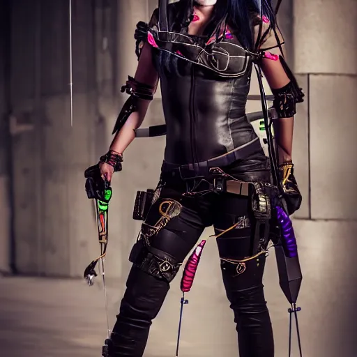 Prompt: full body photo of a cyberpunk female archer