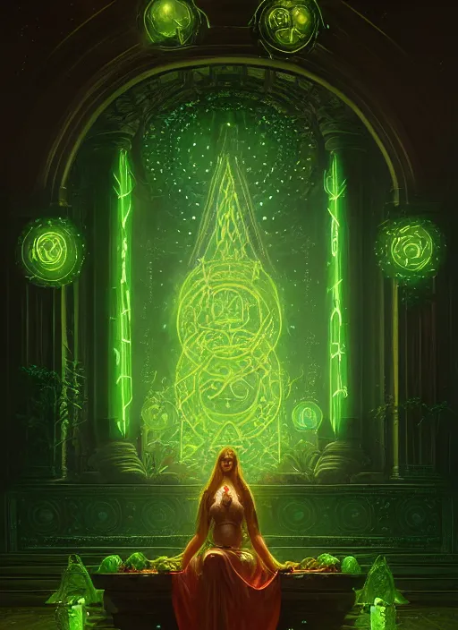 Image similar to portrait of the goddess of life, green glowing runes, overgrown altar, intricate, elegant, glowing lights, highly detailed, digital painting, artstation, concept art, smooth, sharp focus, illustration, art by wlop, mars ravelo and greg rutkowski