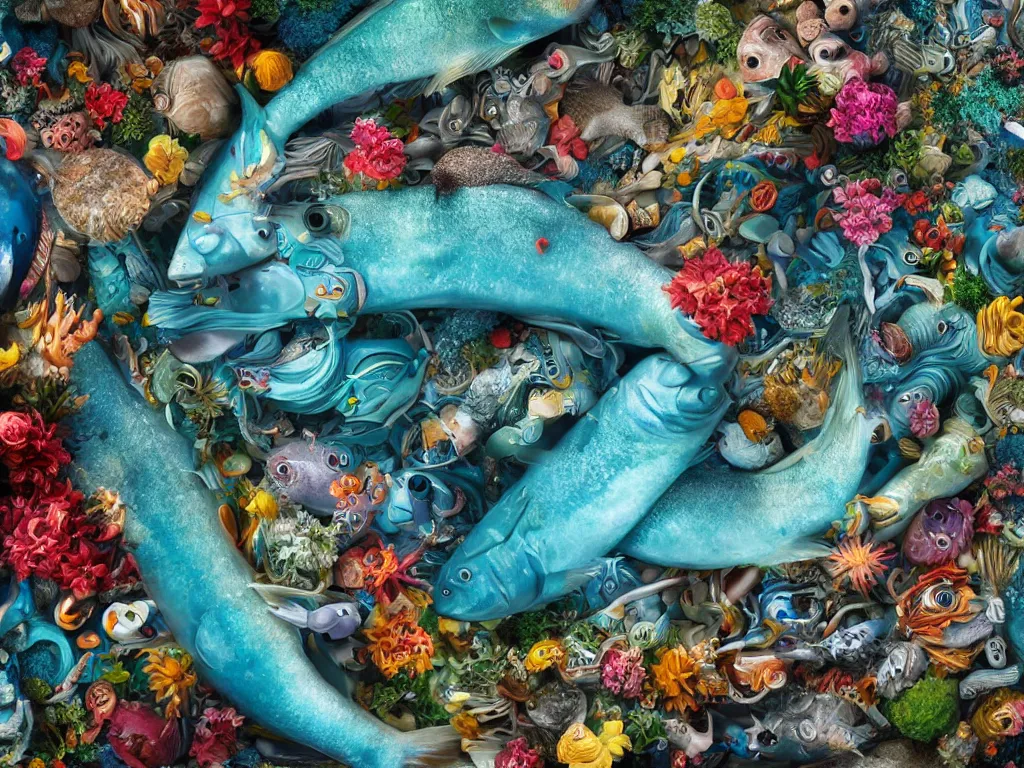 Image similar to a sculpture of fish ocean intertwined, a lovely cornucopia of flowers and human body parts, body parts, highly detailed, octane render, cinematic, shock, sharp focus, annular