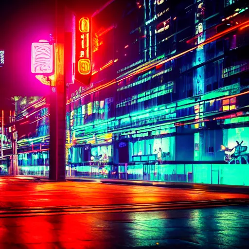 Prompt: cyberpunk night city raining neon lights architectural photography 4K