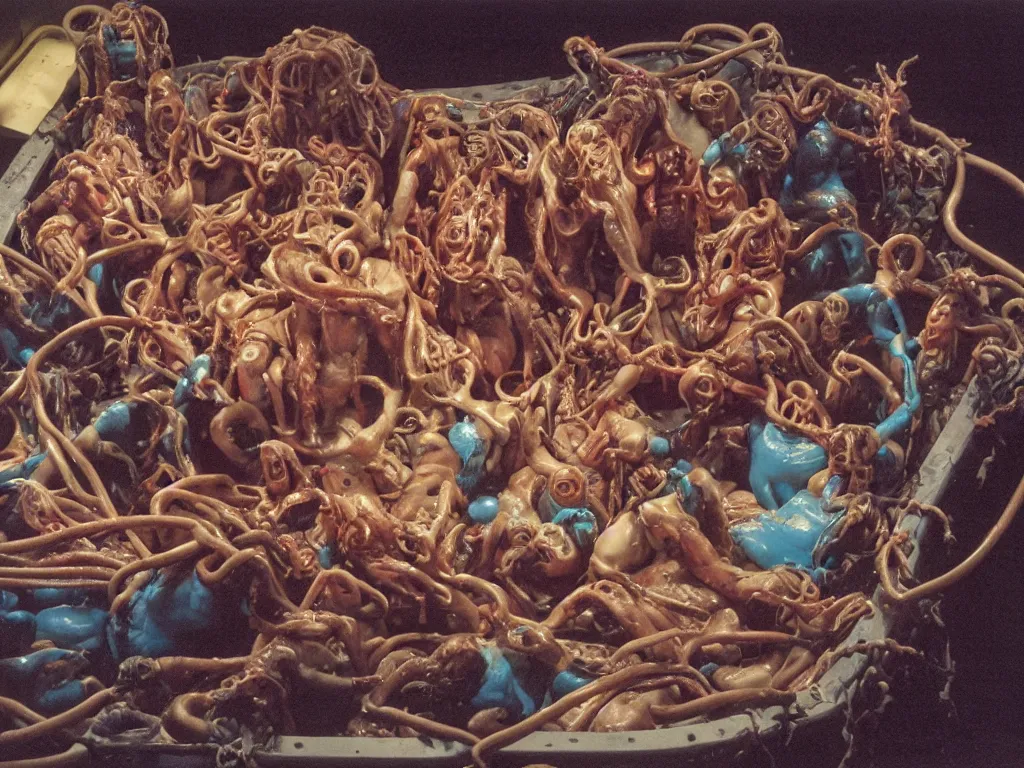 Image similar to the raft of the medusa as an animatronic schlock body horror film, play-doh, neon lights, rubber latex, fleshy, Cronenberg, Rick Baker, dramatic film still, daylight, photo real, extremely detailed, wet, slimy, wide angle, rule of thirds, 28mm, 1984, vivid colors, Eastman EXR 50D 5245/7245