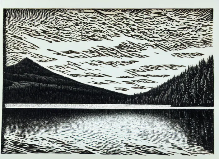 Image similar to an award winning Wood engraving on paper of The Canadian lakes