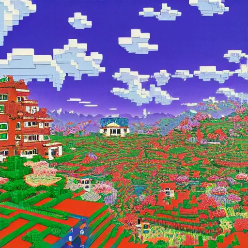 Prompt: A_Dithered_Minecraft_Landscape_with_some_buildings_a_painting_by_Takashi_Murakami_Chiho_Aoshima_Yoshitomo_Nara_and_Aya_Takano_Superflat