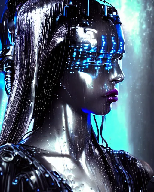 Prompt: photo of female dancer as a cyberpunk mecha humanoid robotic head shoulder parts with straight bright led lights, under a waterfall, wet skin with water dripping down face, photorealism, ultra - realistic and detailed, 8 k