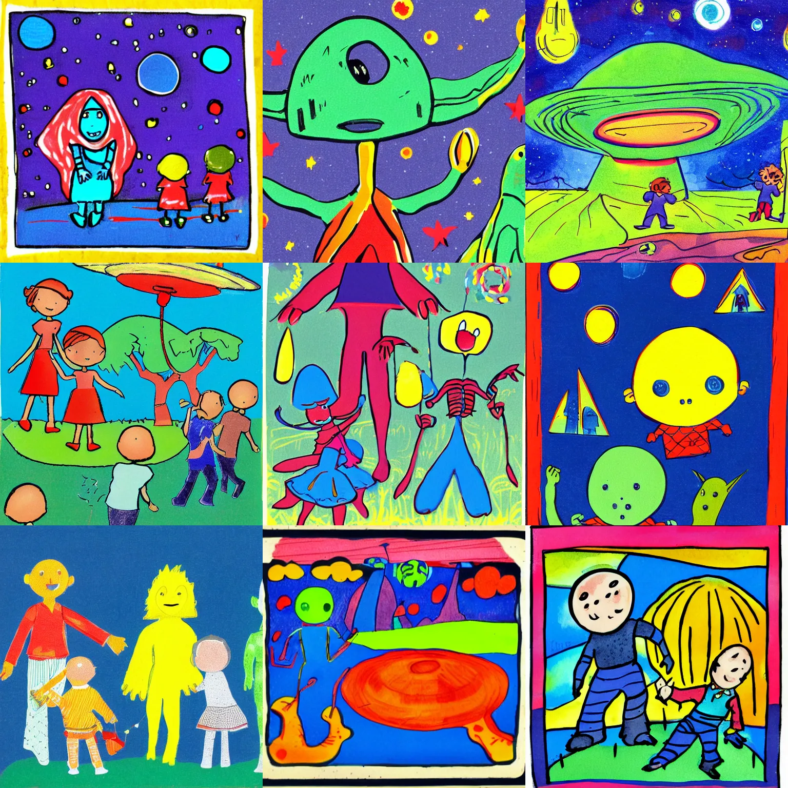 Prompt: the children Suddenly bumped into some aliens who were playing there , Illustration for small Children in the style of Dorothy Brook, , primary color scheme