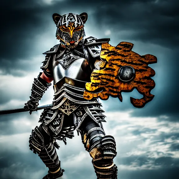 Prompt: photo of a warrior with metal tiger theme armour, 4 k, hdr, smooth, sharp focus, high resolution, award - winning photo