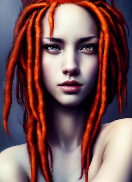 Prompt: photograph of gorgeous woman with half white half red dreadlocks in the style of stefan kostic, realistic, half body shot, sharp focus, 8 k high definition, insanely detailed, intricate, elegant, art by stanley lau and artgerm, foggy backgeound