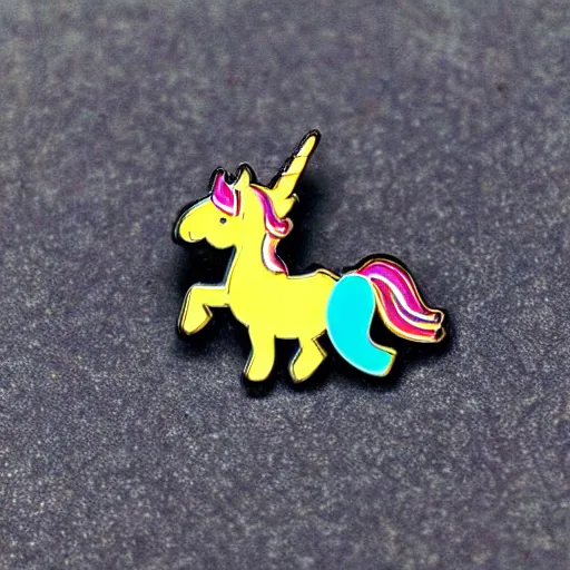 Prompt: rainbow unicorn enamel pin, product photography
