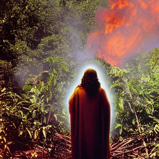 Image similar to photograph of jesus christ, floating over a burning jungle, kodachrome, 1 9 6 0 s, unnsettling