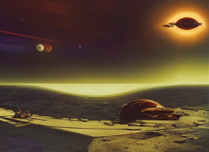 Prompt: a huge vividly - coloured spacecraft in an empty landscape by martin deschambault, dean ellis, peter elson, josan gonzalez, david a hardy, john harris, wadim kashin, angus mckie, bruce pennington, retro 1 9 6 0 s sci - fi art
