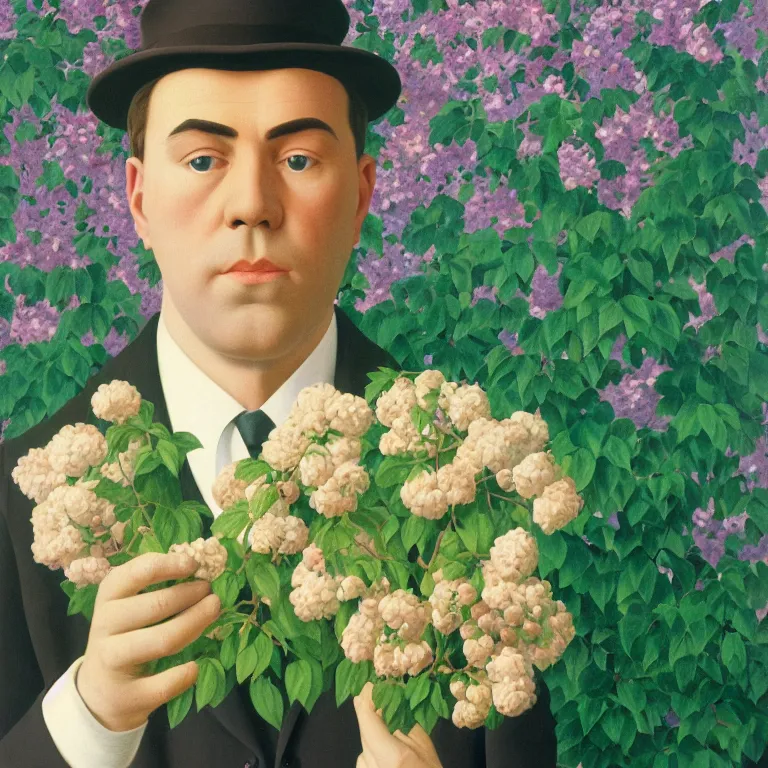 Image similar to portrait of a man, face hidden by beautiful flowers, by rene magritte, detailed painting, hd, hq, high resolution, high detail, 4 k, 8 k