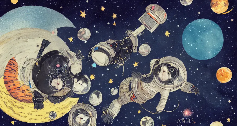 Image similar to guineapigs's portrait on the cover of vogue magazine flying in space suits, deep dark universe, twinkling and spiral nubela, warmhole, beautiful stars, 4 k, 8 k, by hokusai, samurai man vagabond, detailed, editorial illustration, matte print, concept art, ink style, sketch, digital 2 d