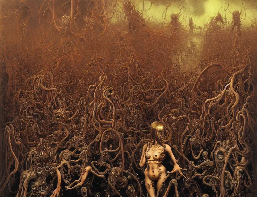 Prompt: professional fine artwork by Junji Ito of a group of cyborgs in hell. abstract expressionism thick flowing oil acrylic painting Futurism by beksinski carl spitzweg moebius and tuomas korpi. baroque elements. baroque element. intricate artwork by caravaggio. Oil painting. Trending on artstation. 8k