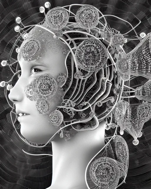 Image similar to mythical dreamy black and white organic bio - mechanical spinal ribbed profile face portrait detail of translucent steampunk beautiful female angelic - human - queen - vegetal - cyborg, highly detailed, intricate crystal ivy jelly ornate, poetic, translucent roses ornate, 3 d render, digital art, octane render, 8 k artistic photography, photo - realistic, by dora maar