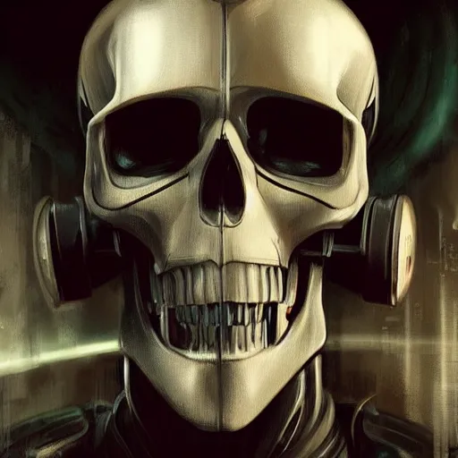 Prompt: skull - headed robot cyborg painting, illutstration, concept art, cyberpunk, futurism, comics art, artgerm, full body shot