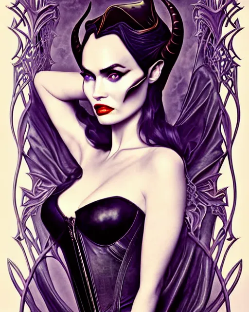 Image similar to new art nouveau portrait of fantasy succubus maleficent megan fox wearing a leather corset in a magical forest, anna dittmann, moebius, wlop, artgerm, patrick nagle, charlie bowater and loish. long windblown hair, ultrasharp focus, dramatic lighting, barbwire vine arches, photorealistic digital matte painting, intricate.