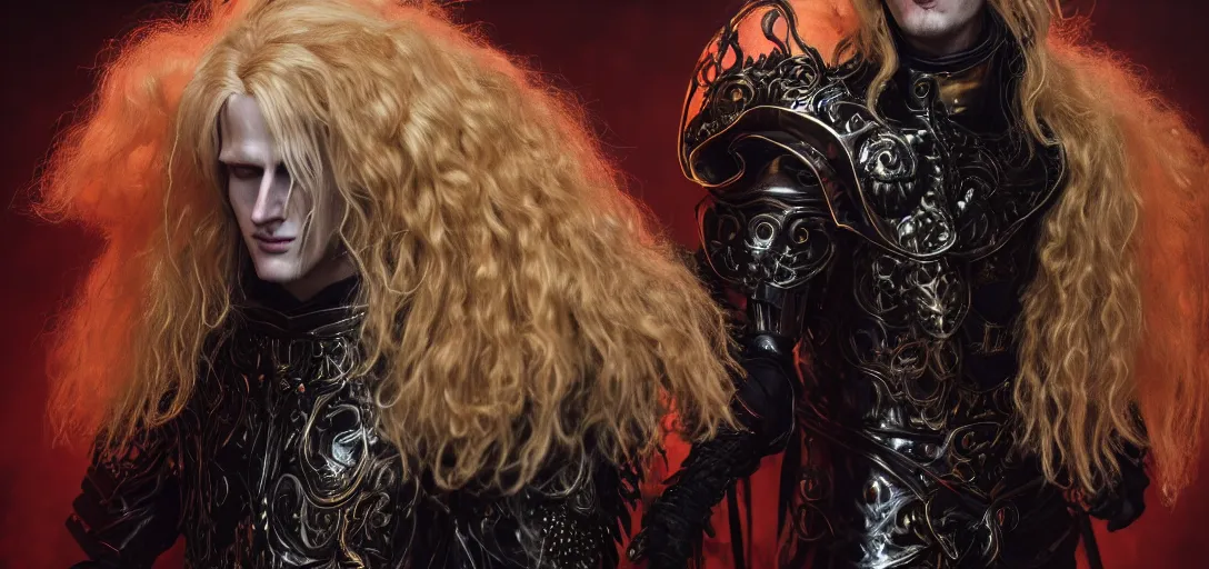 Prompt: character sheet concept art of johan liebert alucard, long fluffy golden blonde curly hair, gilded obsidian baroque armor, red fabric, face paint, ferrofluid armor, realistic, hyperrealistic, photographic, costume, wlop, dan mumford, greg rutkowski, high detail, octane render, alexander mcqueen, james gurney, photo, 8 k, intricate