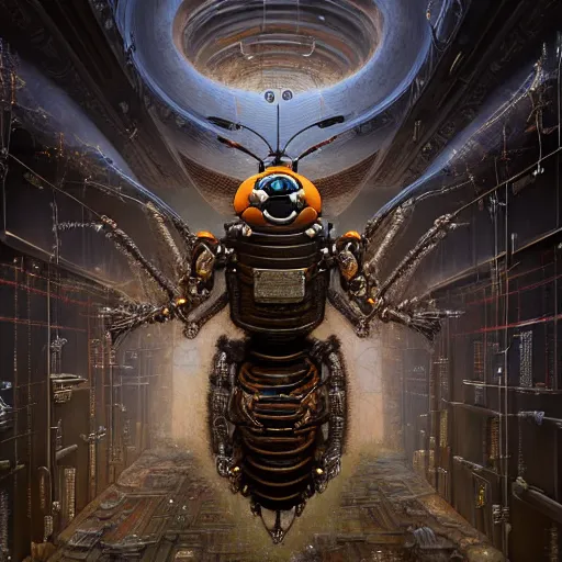 Image similar to A photorealistic 3d render of a robot Bee made of circuits wide view shot by ellen jewett , tomasz alen kopera and Justin Gerard symmetrical features, ominous, magical realism, texture, intricate, ornate, royally decorated, android format, windows, many doors, roofs, complete house , whirling smoke, embers, red adornments, red torn fabric, radiant colors, fantasy, trending on artstation, volumetric lighting, micro details, 3d sculpture, ray tracing, 8k