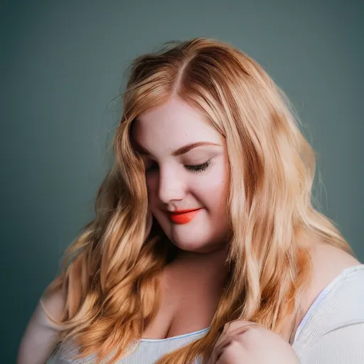 Image similar to a portrait photograph of a curvy, radiant, bubbly, 2 5 - year - old canadian plus - size model, strawberry - blond hair, creamy skin, portrait canon 8 5 mm f 1. 2 photograph head and shoulders portrait