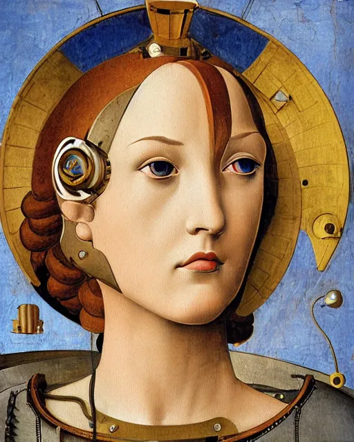 Image similar to portrait of steampunk female android, by fra angelico and sandro botticelli