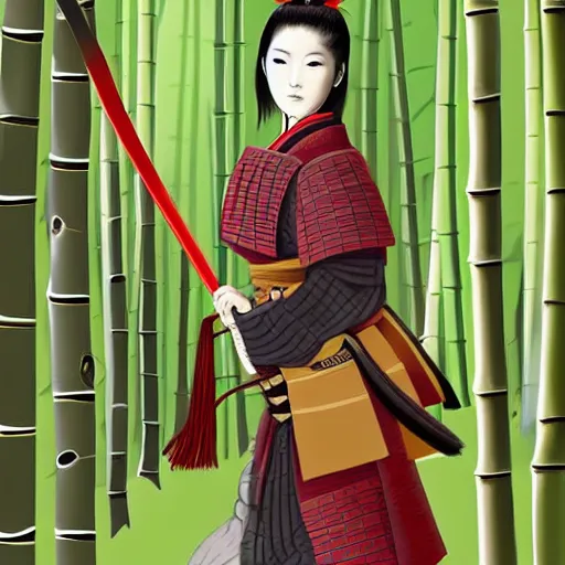 Image similar to Female Samurai in full traditional armor, with a katana and wakizashi, standing in a bamboo forest, digital painting, by Sakimi Chan, artstation, 4k