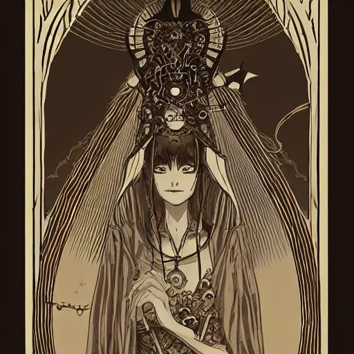 Prompt: precisely drawn illustration of anime spooky high priestess of an earth goddess, old-fashioned tarot card, victorian playing card, sepia tone, wide angle, sharp, fine details, anime, manga, cyberpunk, intense line art, 8k, precise linework, realistic, shaded lighting by katsuhiro otomo ghost-in-the-shell, magali villeneuve, artgerm, rutkowski Jeremy Lipkin and Giuseppe Dangelico Pino and Michael Garmash and Rob Rey