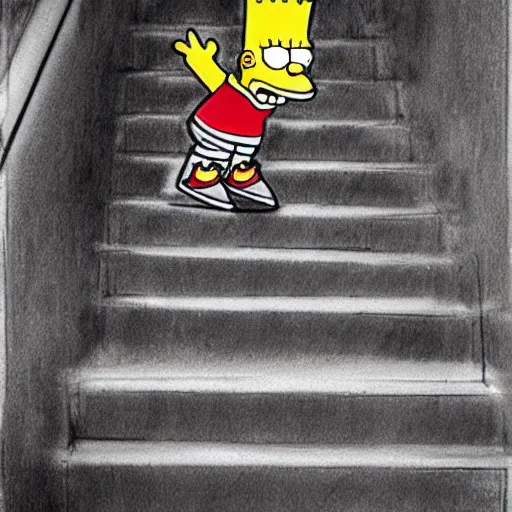 Prompt: Bart Simpson skateboarding down the stairs, in the style of Guy Denning