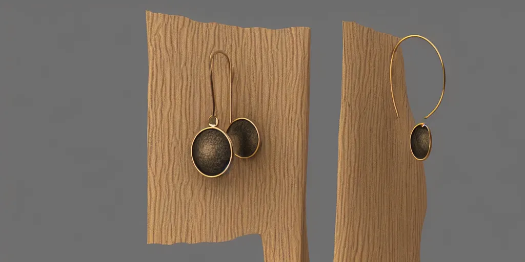 Image similar to earring design, jewelry design, wood, nordic, material, product design, trending on artstation, cgsociety, photo realistic, design by ziva cph and isabel lennse and lulu copenhagen, 8 k, unreal engine, c 4 d