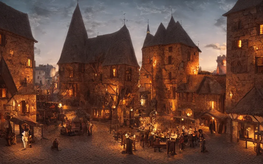 Image similar to at the square of a medieval french village made from chocolate a well in the center, arches, orange light, highly detailed, cinematic lighting, render, fantasy