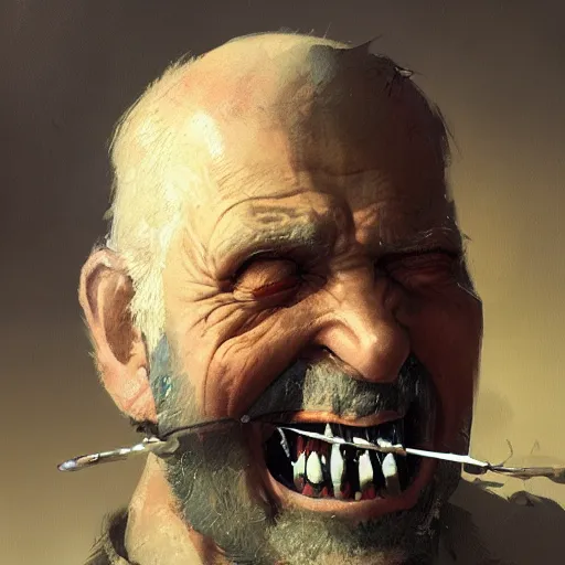 Image similar to old man portrait, hand grenade in his teeth, greg rutkowski art