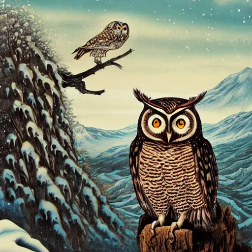 Image similar to a painting of an owl sitting on top of a snowy hill, a surrealist painting by Yoshitaka Amano, behance contest winner, pop surrealism, lovecraftian, ukiyo-e, detailed painting