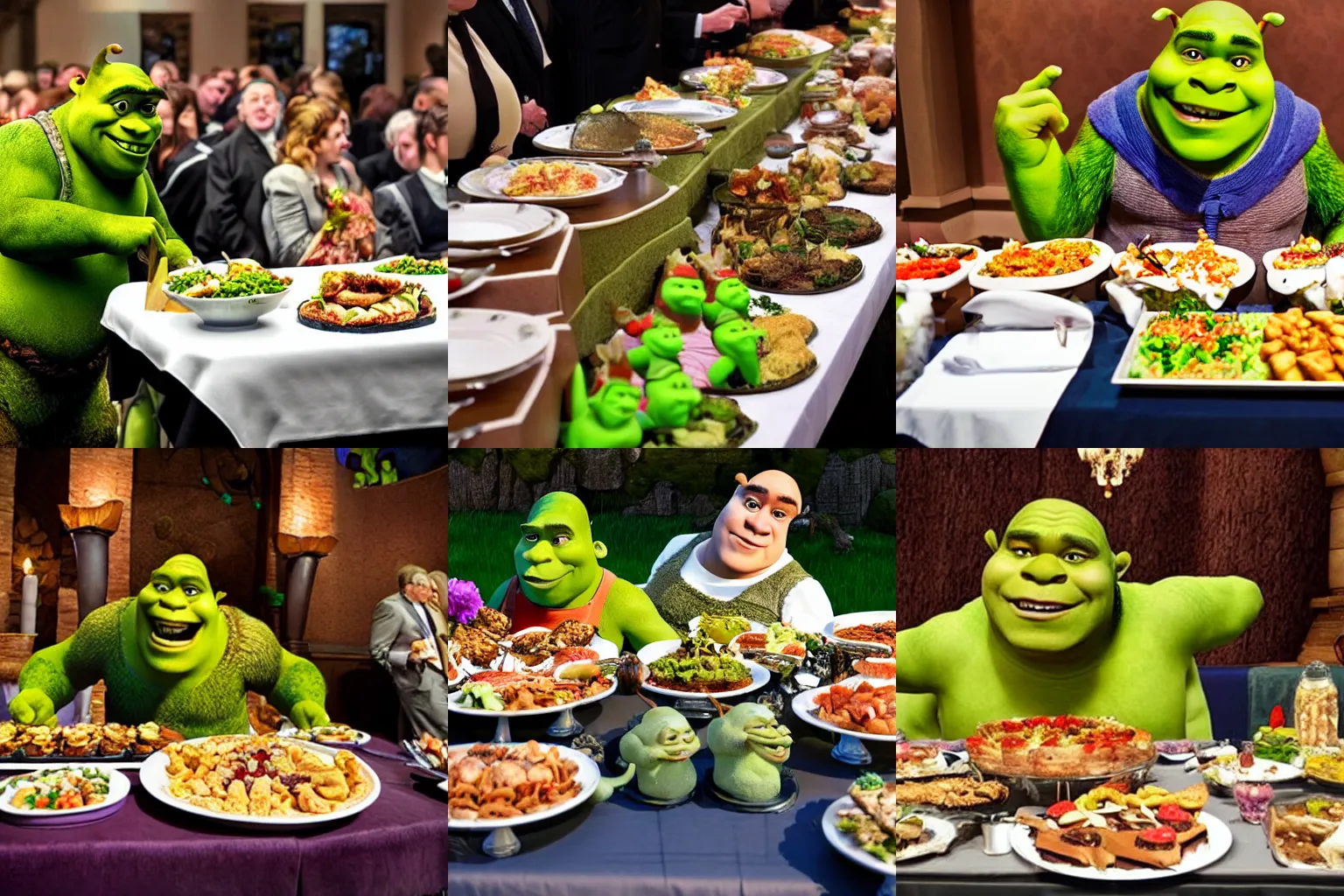 Prompt: Shrek eating a buffet at a funeral, photograph