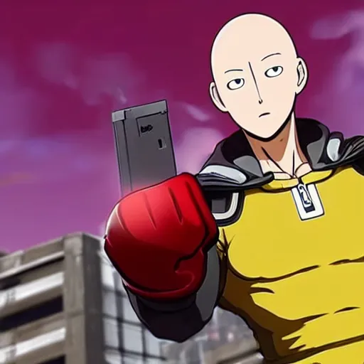 Image similar to one punch man in fortnite, character render, full body shot, highly detailed, in game render