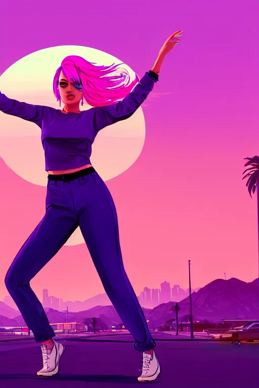 Image similar to a beautiful dancing woman with ombre purple pink hairstyle in a stunning GTA V loading screen, hair blowing in the wind, sunset mood, outrun, vaporware, retro, digital art, trending on artstation